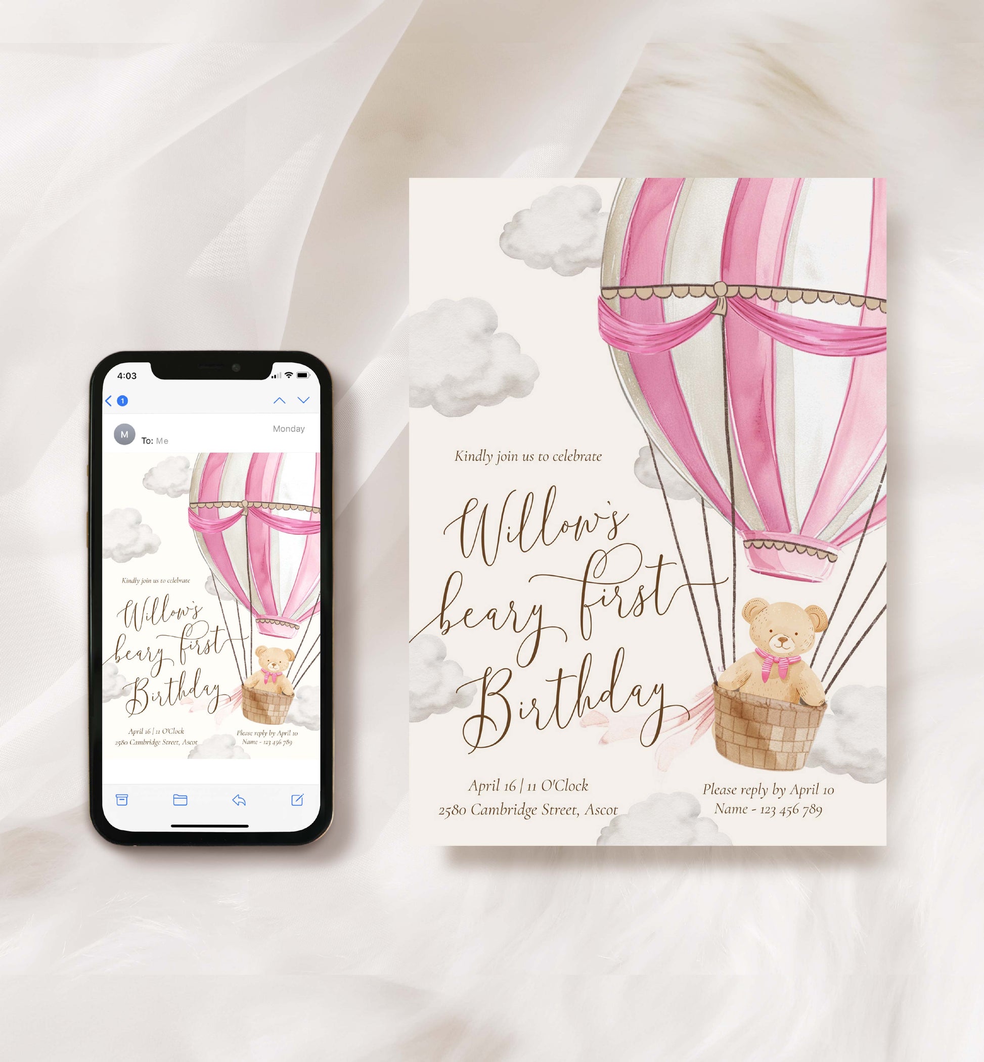 Beary First Birthday Invitation Template, Printable 1st Birthday Invitation Template, Pink Hot Air Balloon, Teddy Bear Girl Birthday