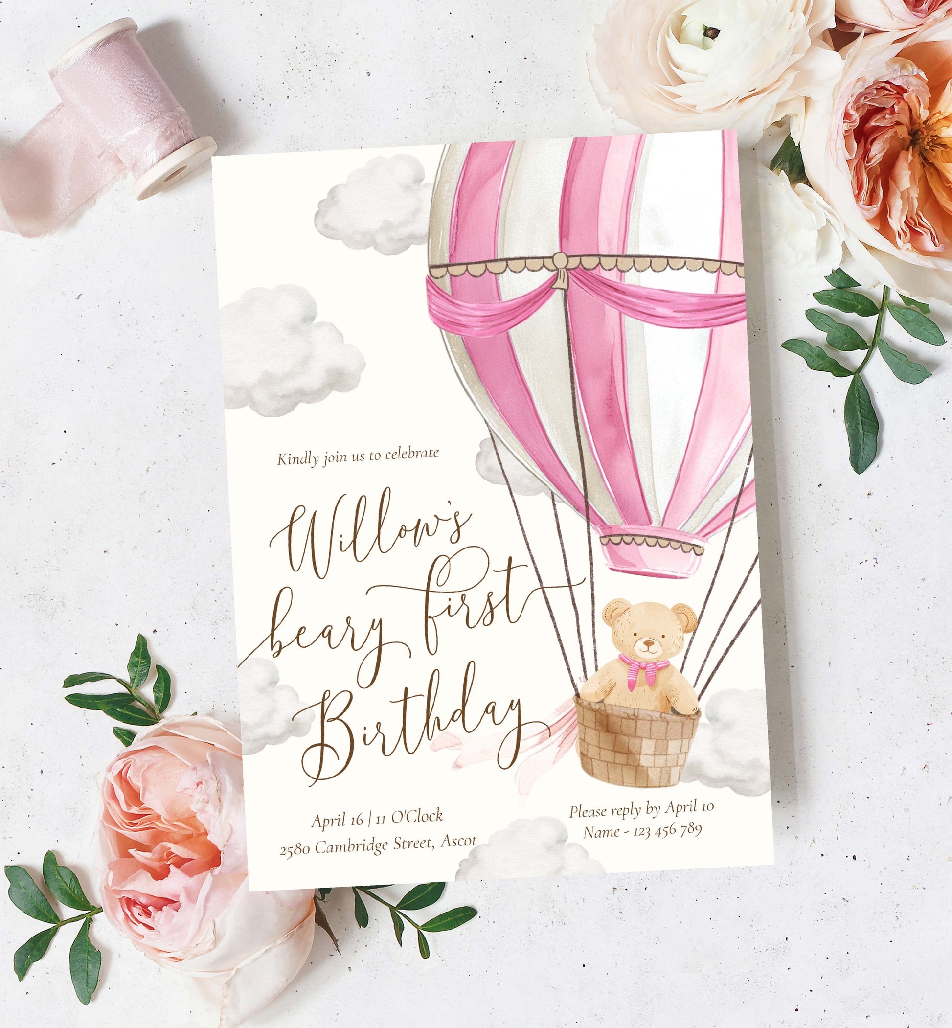 Beary First Birthday Invitation Template, Printable 1st Birthday Invitation Template, Pink Hot Air Balloon, Teddy Bear Girl Birthday