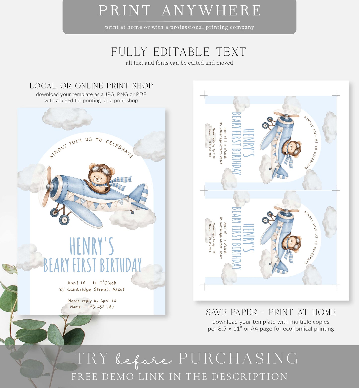 Bear Plane Blue | Printable First Birthday Invitation Template