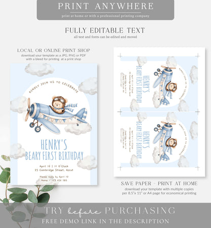 Bear Plane Blue | Printable First Birthday Invitation Template