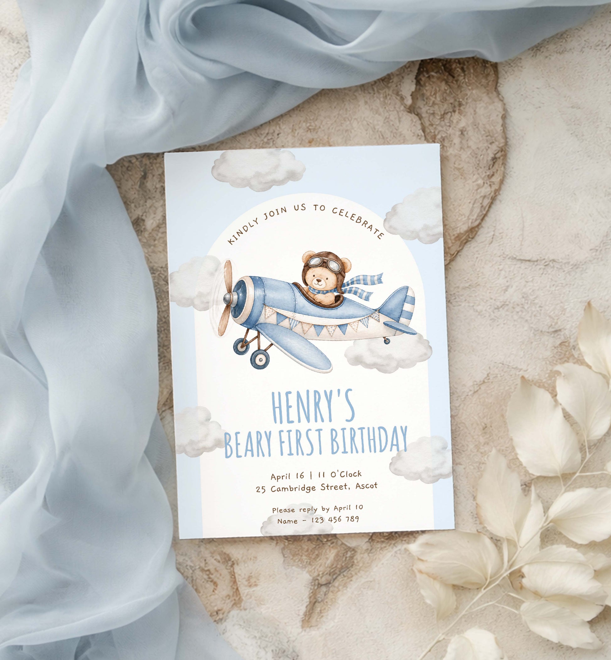 Teddy Bear Aeroplane 1st Birthday Invitation Template (Printable) Beary First
