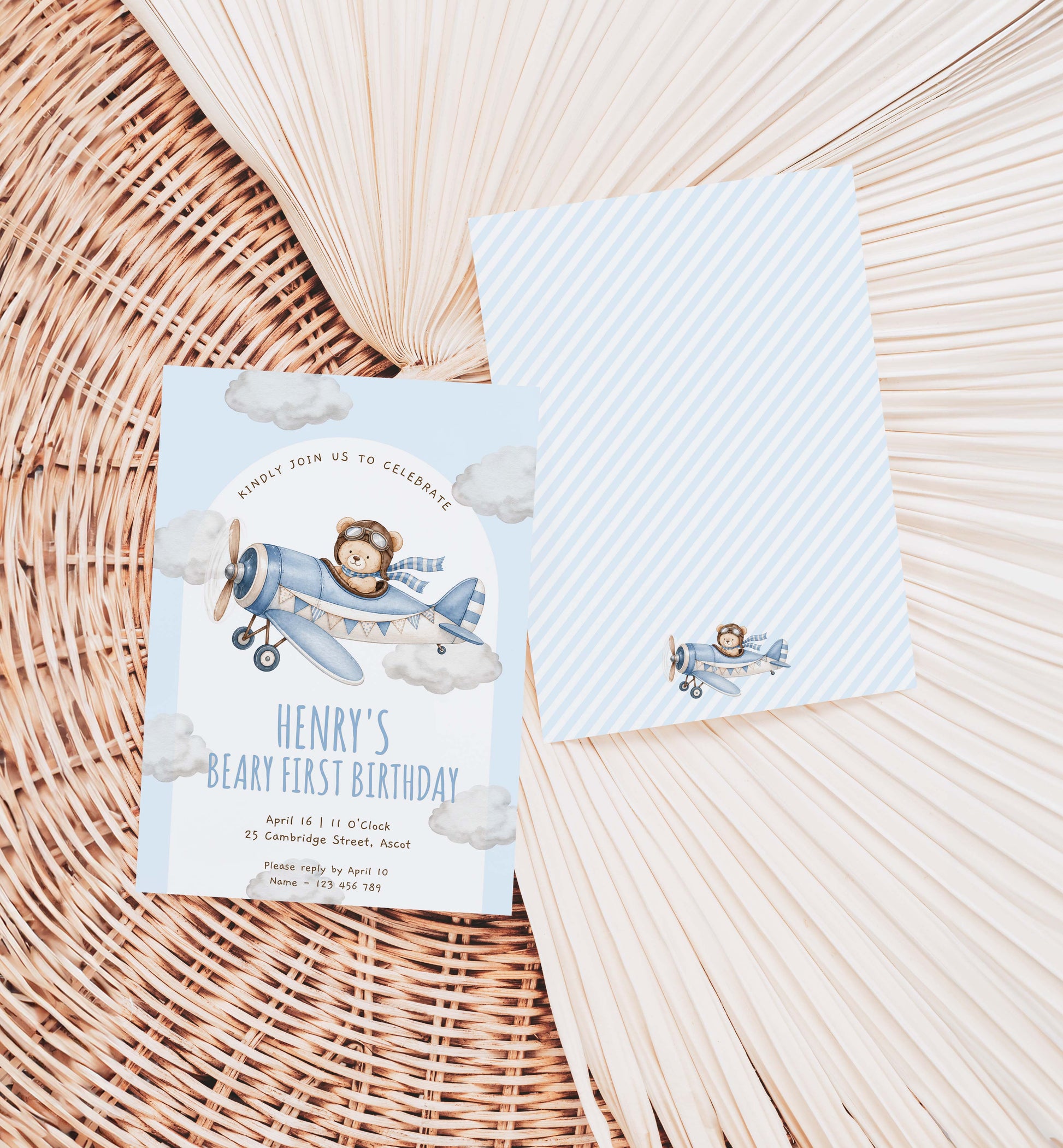 Teddy Bear Aeroplane 1st Birthday Invitation Template (Printable) Beary First