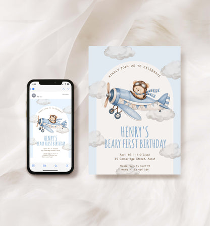 Teddy Bear Aeroplane 1st Birthday Invitation Template (Printable) Beary First