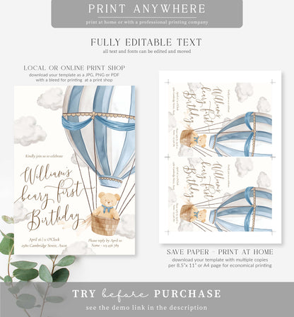 Teddy Bear Blue | Printable First Birthday Invitation Template