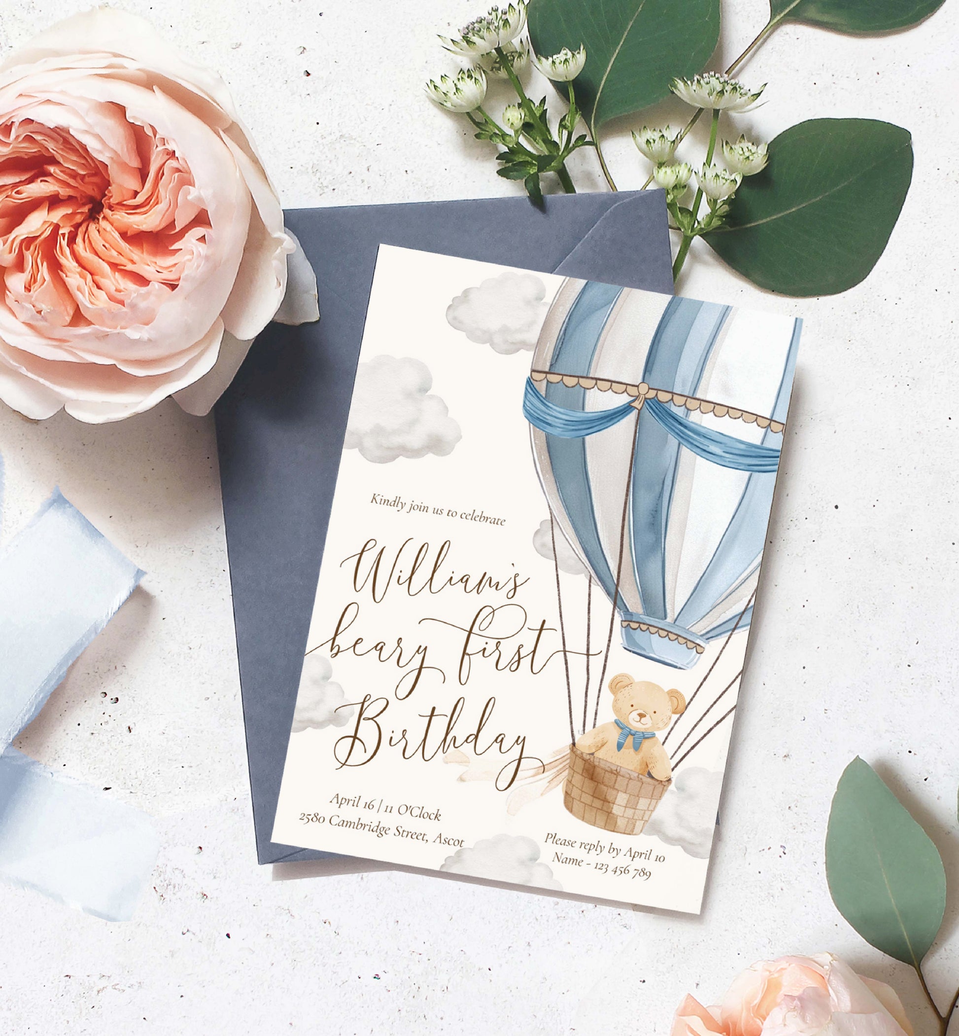 Beary First Birthday Invitation Template, Printable 1st Birthday Invitation Template, Hot Air Balloon Teddy Bear Boy Birthday, Bearly Wait