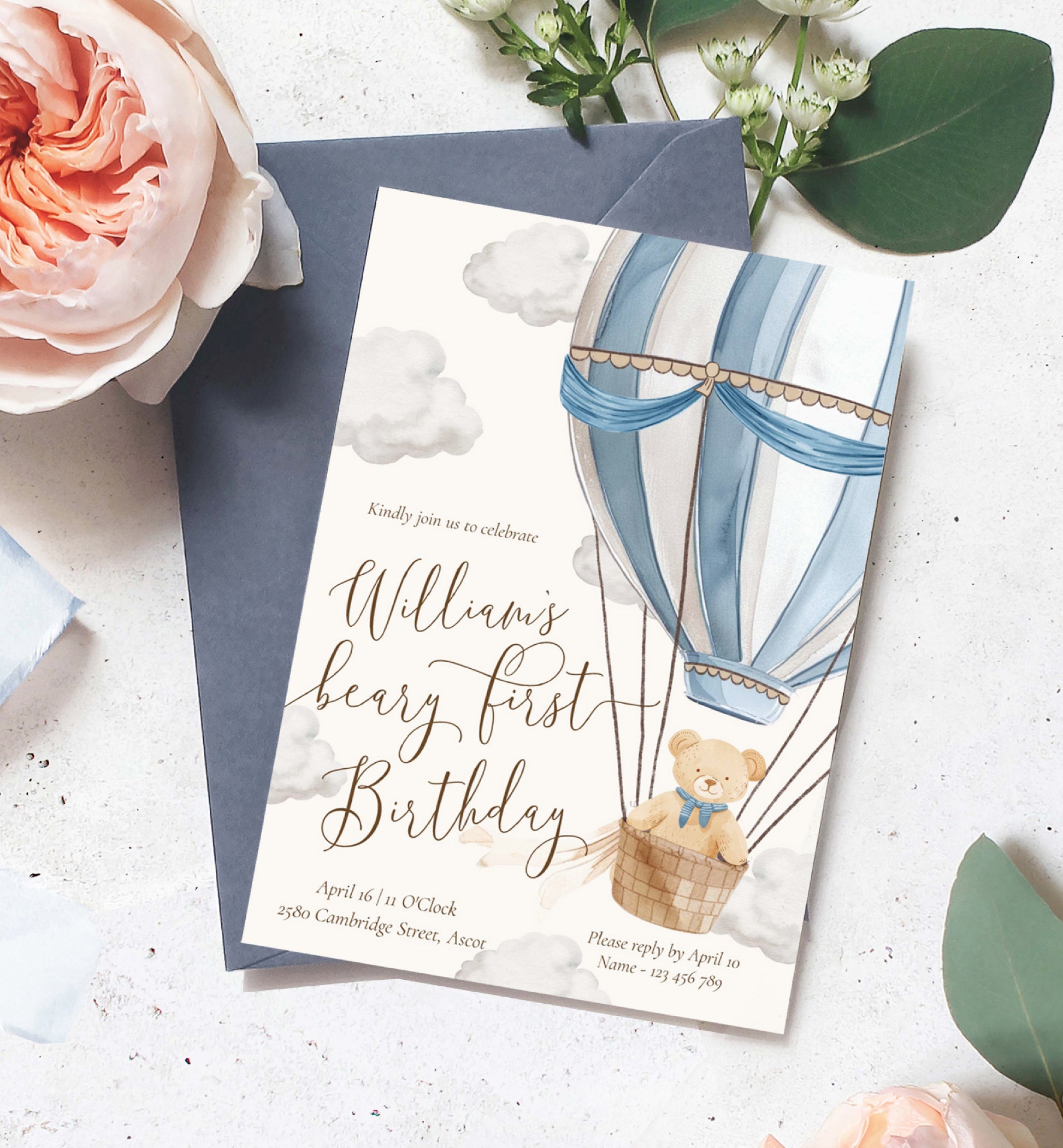 Beary First Birthday Invitation Template, Printable 1st Birthday Invitation Template, Hot Air Balloon Teddy Bear Boy Birthday, Bearly Wait