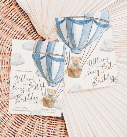 Beary First Birthday Invitation Template, Printable 1st Birthday Invitation Template, Hot Air Balloon Teddy Bear Boy Birthday, Bearly Wait