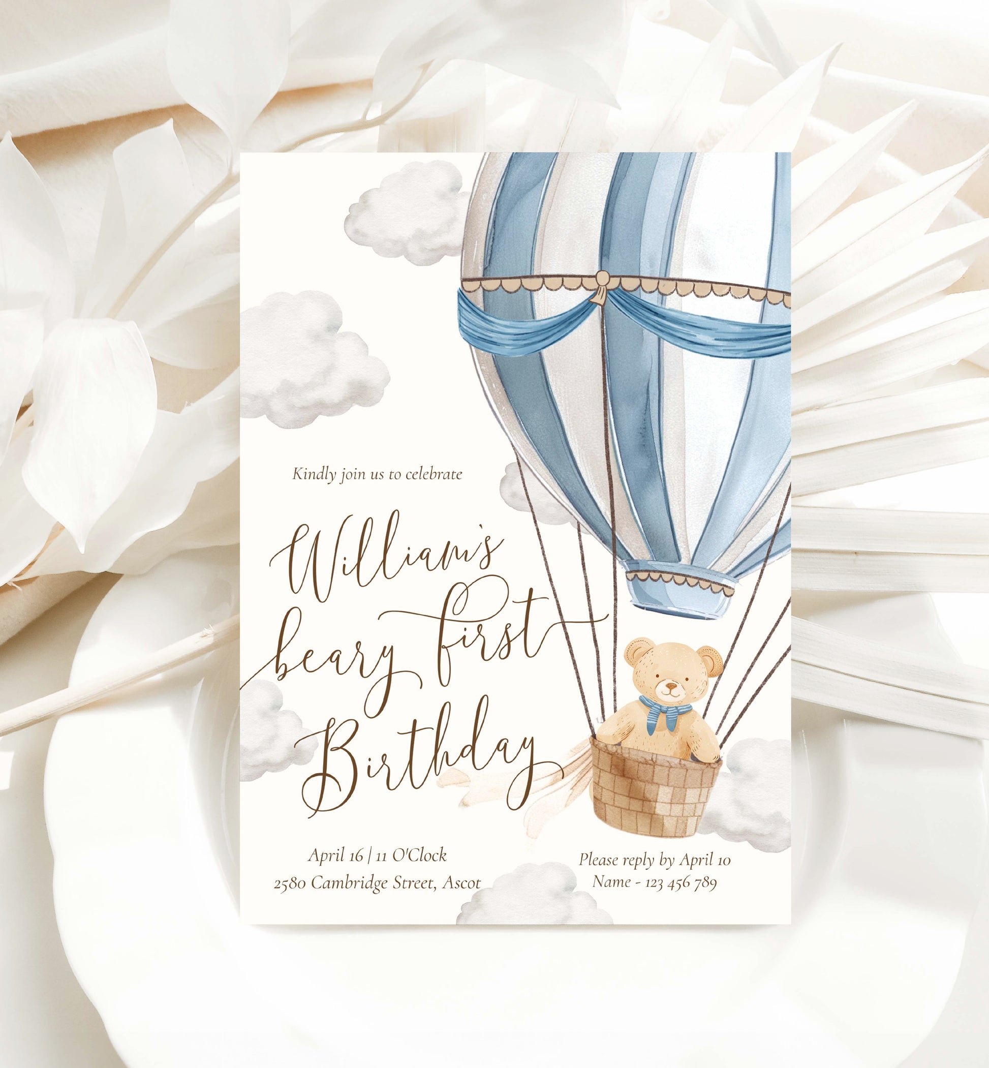 Beary First Birthday Invitation Template, Printable 1st Birthday Invitation Template, Hot Air Balloon Teddy Bear Boy Birthday, Bearly Wait