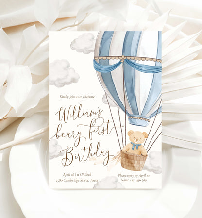 Beary First Birthday Invitation Template, Printable 1st Birthday Invitation Template, Hot Air Balloon Teddy Bear Boy Birthday, Bearly Wait