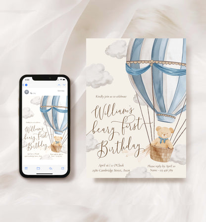 Beary First Birthday Invitation Template, Printable 1st Birthday Invitation Template, Hot Air Balloon Teddy Bear Boy Birthday, Bearly Wait