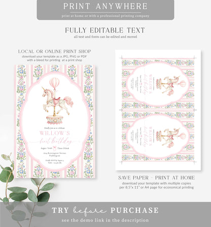 Carousel Pink | Printable First Birthday Invitation Template