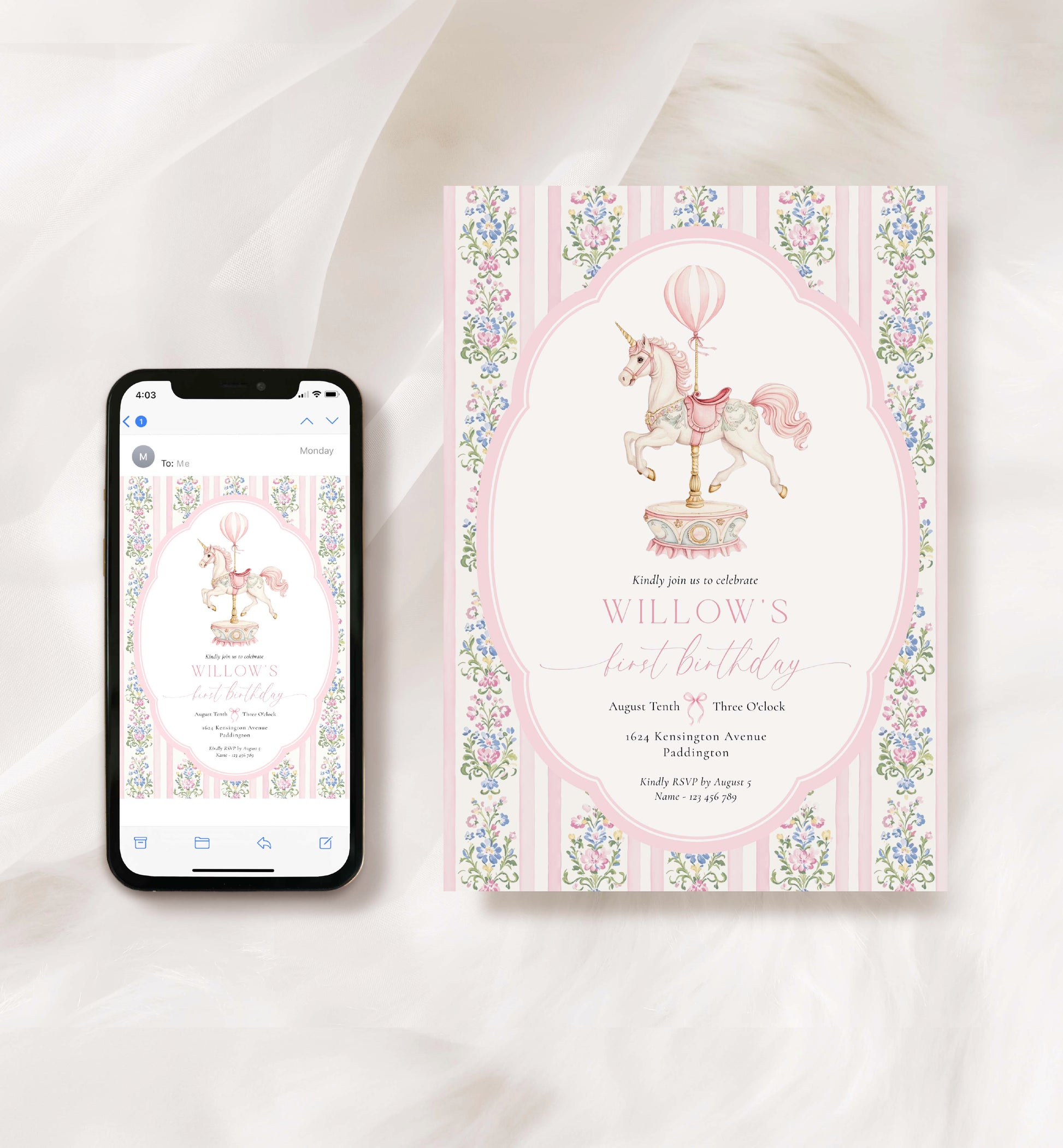 Phone displaying a carousel-themed birthday invitation next to the actual invitation on a white background.

Carousel Horse First Birthday Party Invitation, Printable First Birthday Invite, Girl First Birthday, Whimsical Pink Vintage Circus Horse
