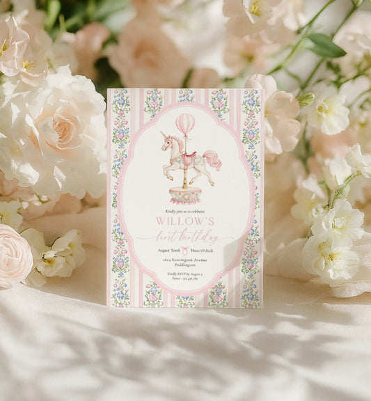 Invitation card for a birthday party with floral design and text, surrounded by flowers. 

Carousel Horse First Birthday Party Invitation, Printable First Birthday Invite, Girl First Birthday, Whimsical Pink Vintage Circus Horse