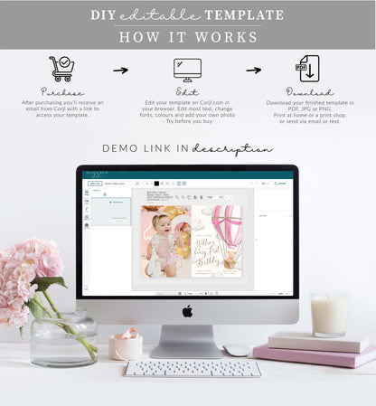 Teddy Bear Pink | Printable First Birthday Photo Invitation Template