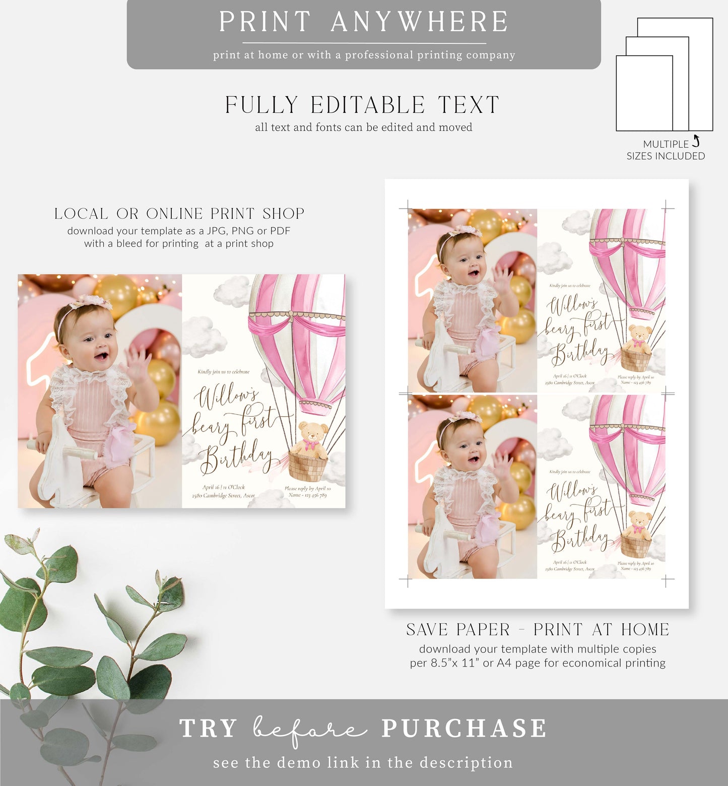 Teddy Bear Pink | Printable First Birthday Photo Invitation Template