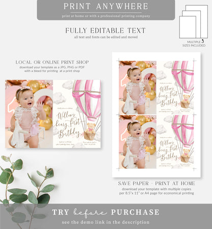 Teddy Bear Pink | Printable First Birthday Photo Invitation Template