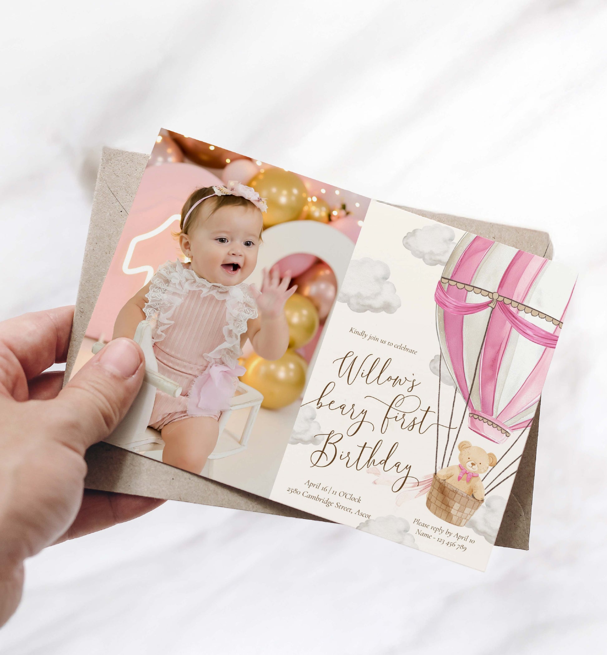 Beary First Birthday Photo Invitation Template, Printable 1st Birthday Invitation, Pink Hot Air Balloon, Teddy Bear Girl Birthday
