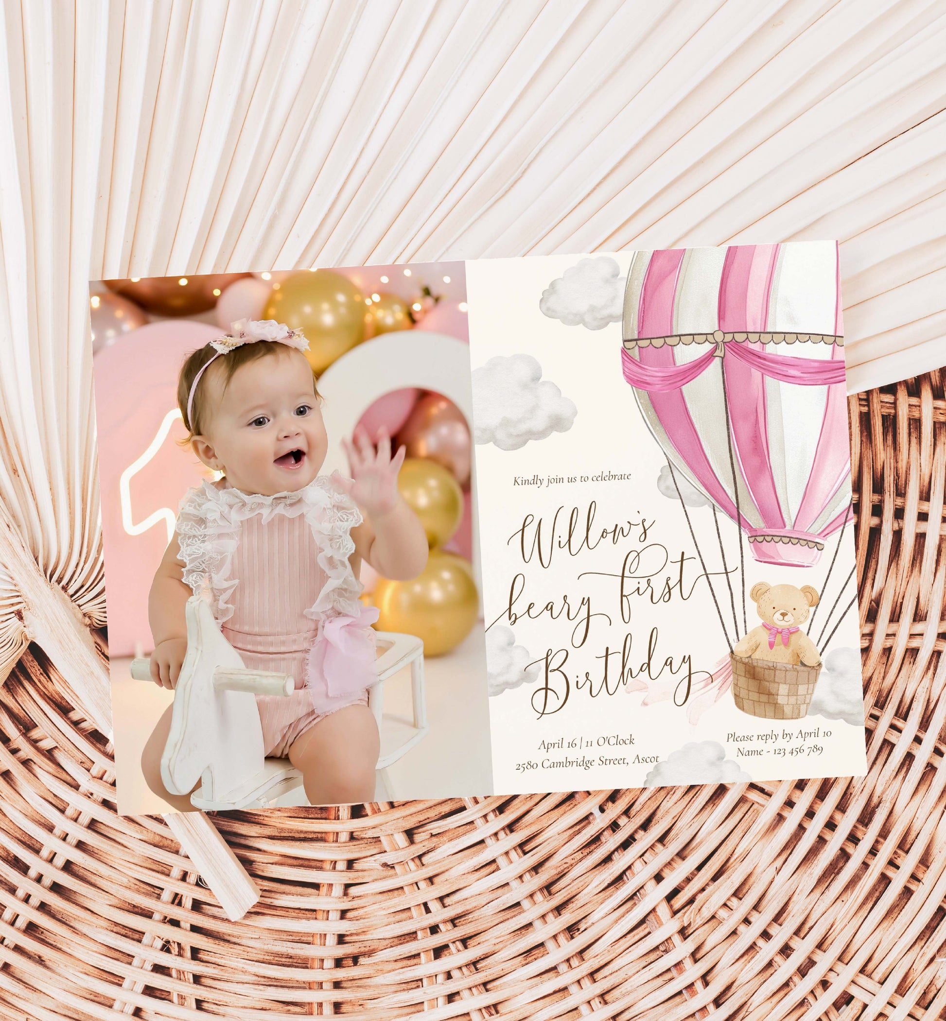Beary First Birthday Photo Invitation Template, Printable 1st Birthday Invitation, Pink Hot Air Balloon, Teddy Bear Girl Birthday