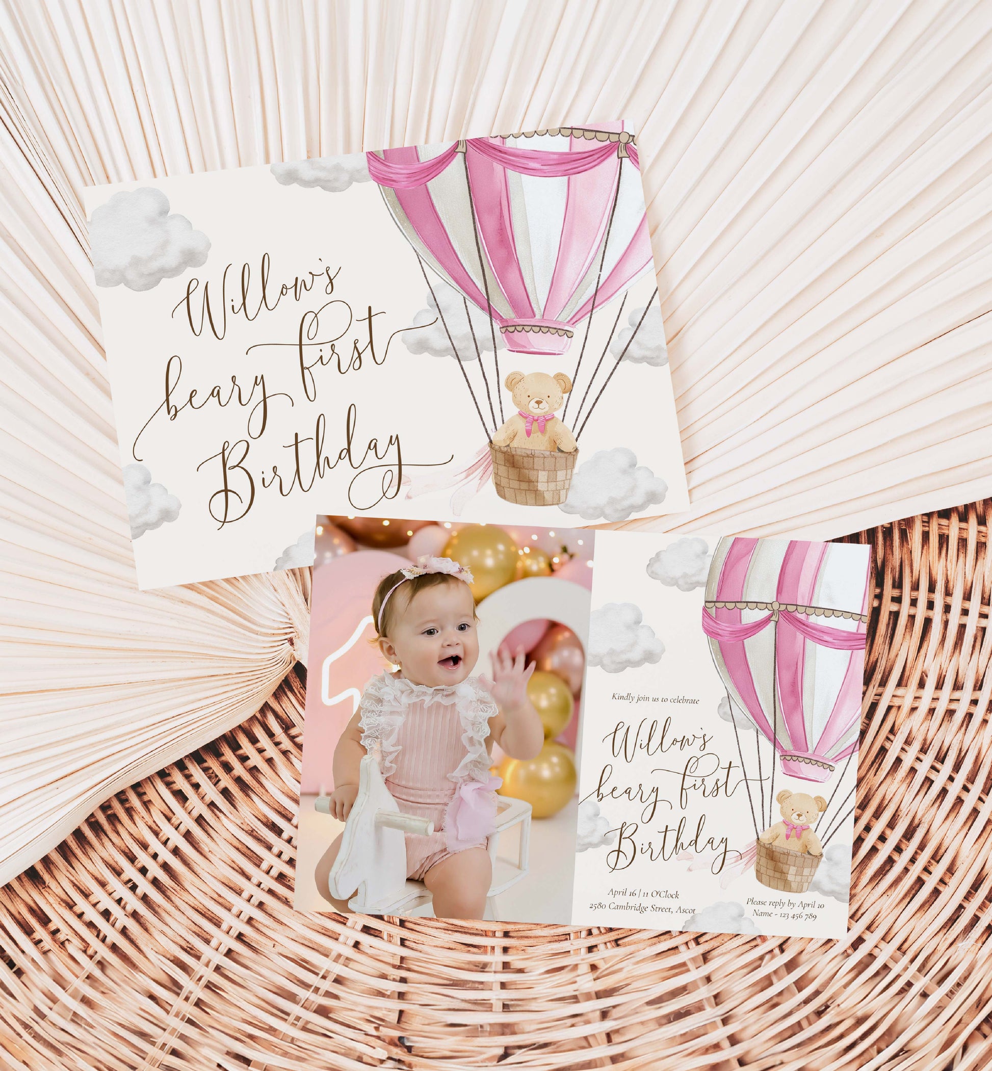 Beary First Birthday Photo Invitation Template, Printable 1st Birthday Invitation, Pink Hot Air Balloon, Teddy Bear Girl Birthday