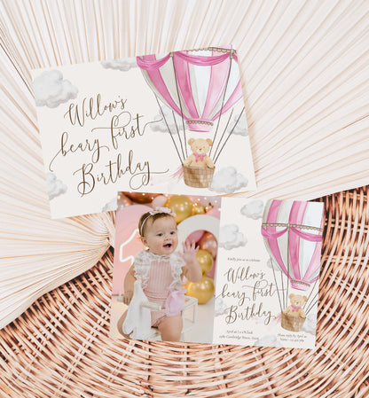 Beary First Birthday Photo Invitation Template, Printable 1st Birthday Invitation, Pink Hot Air Balloon, Teddy Bear Girl Birthday