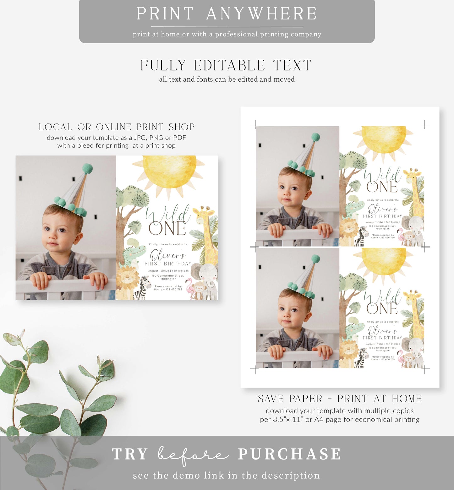 Nyala Safari | Printable First Birthday Photo Invitation Template