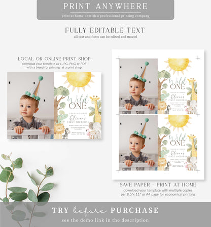Nyala Safari | Printable First Birthday Photo Invitation Template