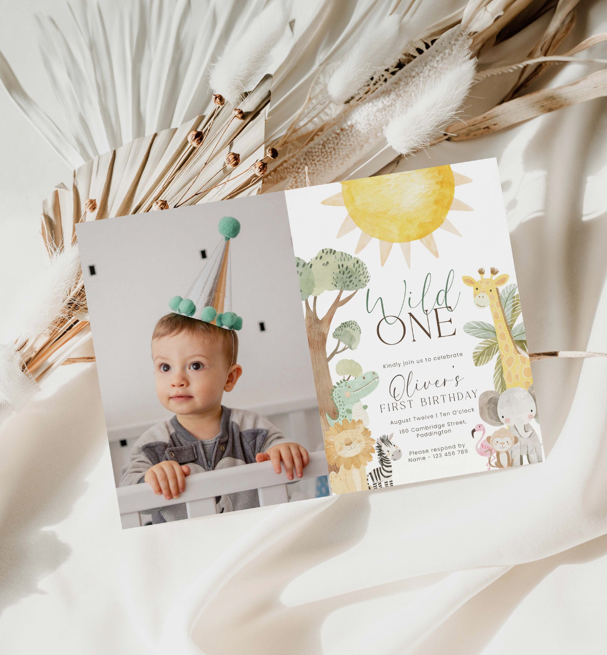 Printable Safari Animals First Birthday Party Photo Invite, Wild One 1st Birthday Invite, Zoo Animal Invite, Jungle Animals Evite, Nyala