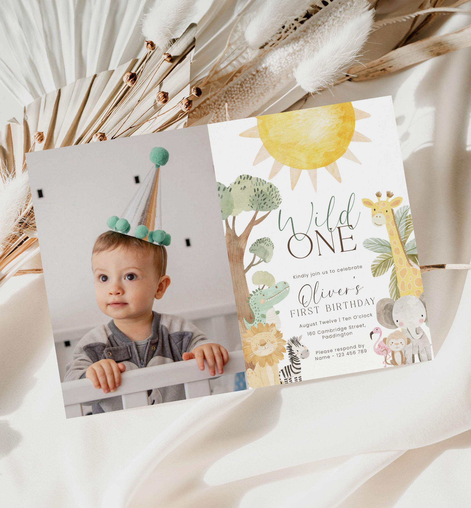 Printable Safari Animals First Birthday Party Photo Invite, Wild One 1st Birthday Invite, Zoo Animal Invite, Jungle Animals Evite, Nyala