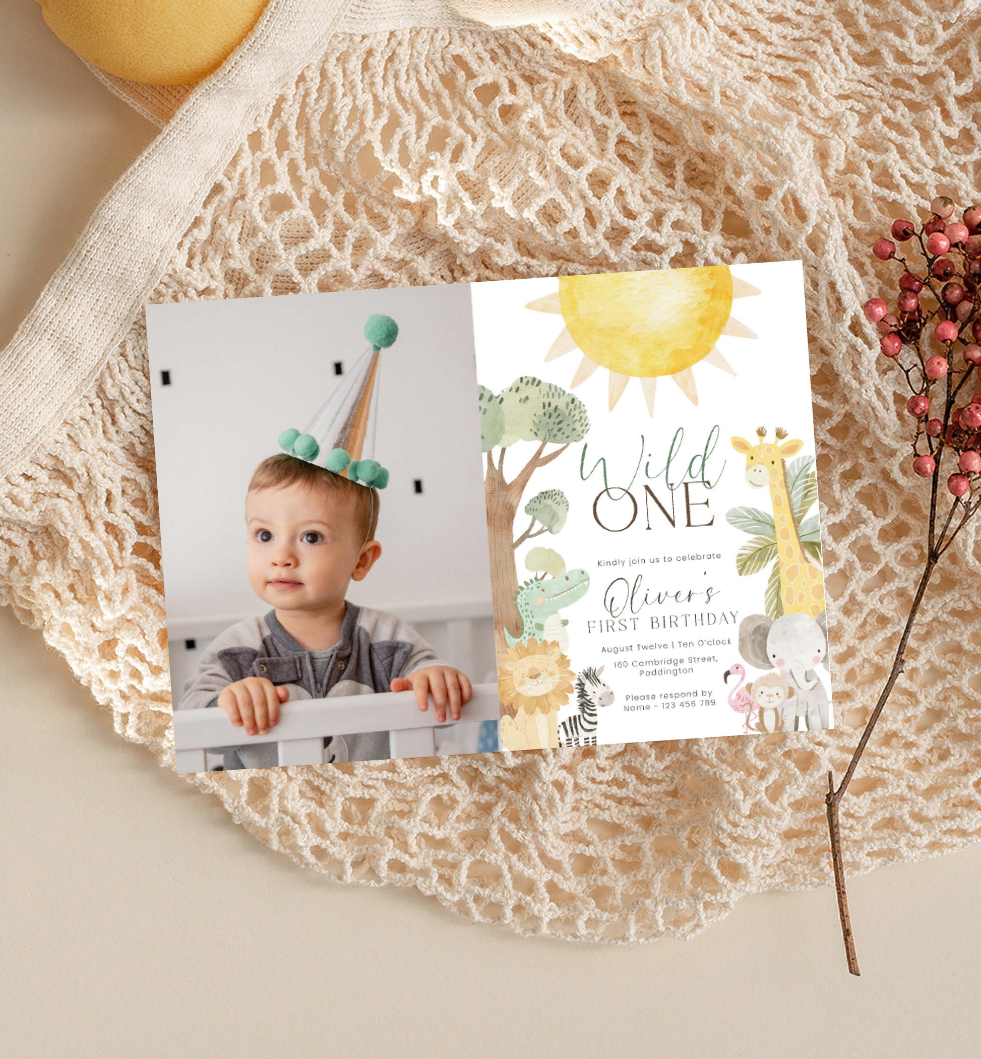 Printable Safari Animals First Birthday Party Photo Invite, Wild One 1st Birthday Invite, Zoo Animal Invite, Jungle Animals Evite, Nyala