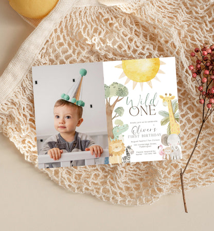 Printable Safari Animals First Birthday Party Photo Invite, Wild One 1st Birthday Invite, Zoo Animal Invite, Jungle Animals Evite, Nyala