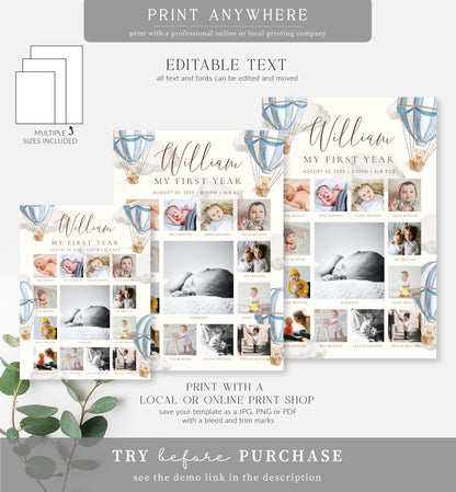 Beary First Blue | Printable My First Year Photo Timeline Sign Template