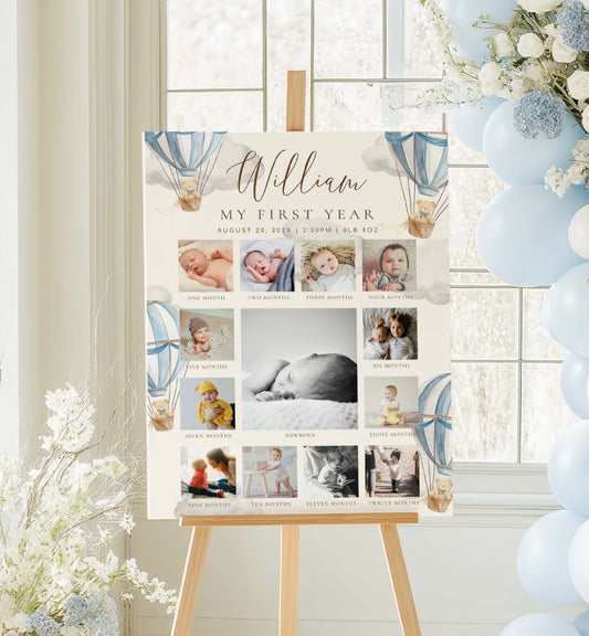 Collage of baby photos on a stand with decorative balloons and flowers. Beary First Birthday Photo Timeline Sign, Teddy Bear Printable 1st Birthday Photo Poster, First Year Photo Collage, Photo Milestone Sign