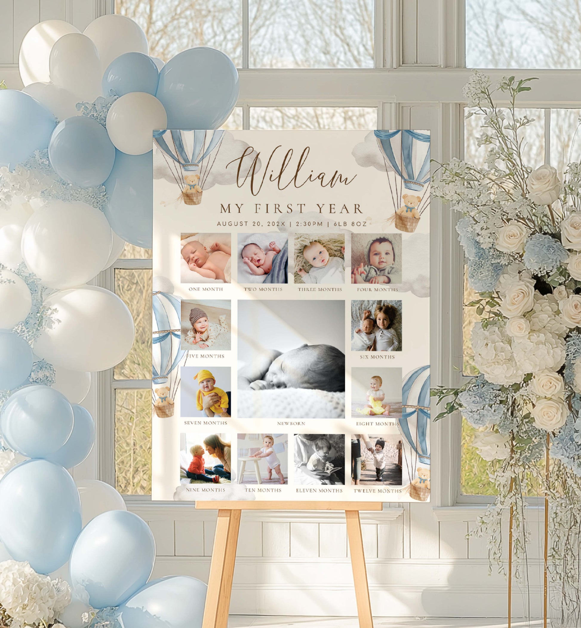 Collage of baby photos on an easel with balloons and flowers in a bright room. Beary First Birthday Photo Timeline Sign, Teddy Bear Printable 1st Birthday Photo Poster, First Year Photo Collage, Photo Milestone Sign