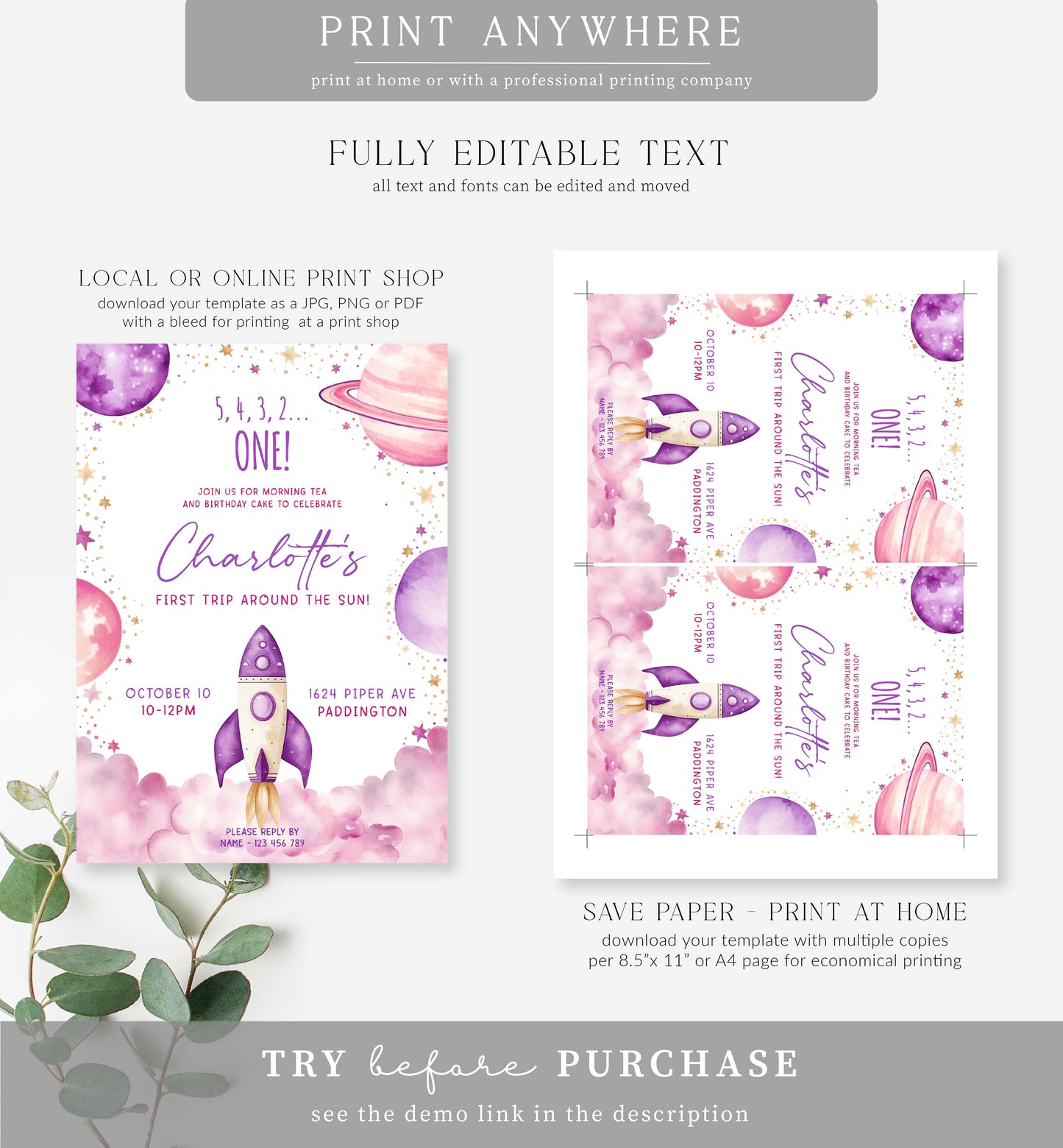 Space Purple | Printable First Birthday Invitation Template