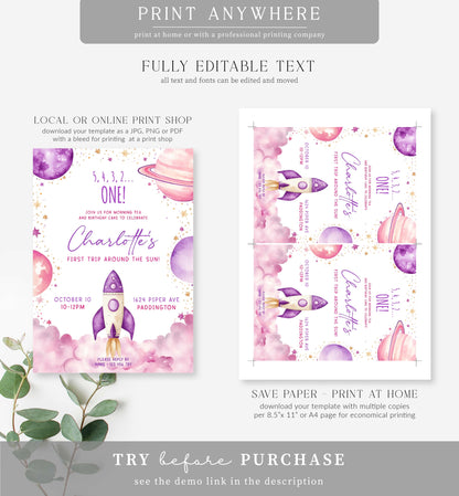 Space Purple | Printable First Birthday Invitation Template