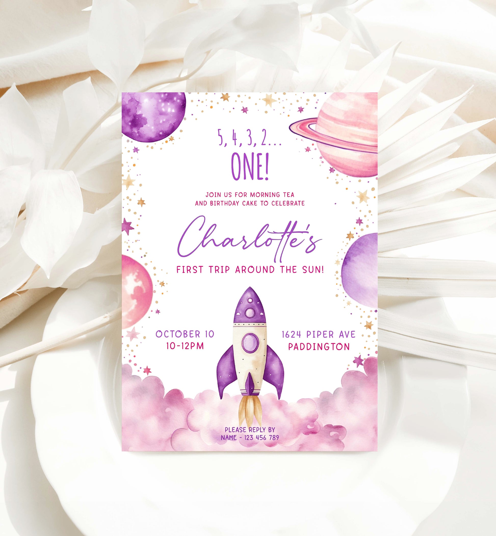 First Trip Around The Sun Birthday Party Invitation, Printable 1st Birthday Party Invite, Girl Space Invite, Purple Pink Astronaut Evite