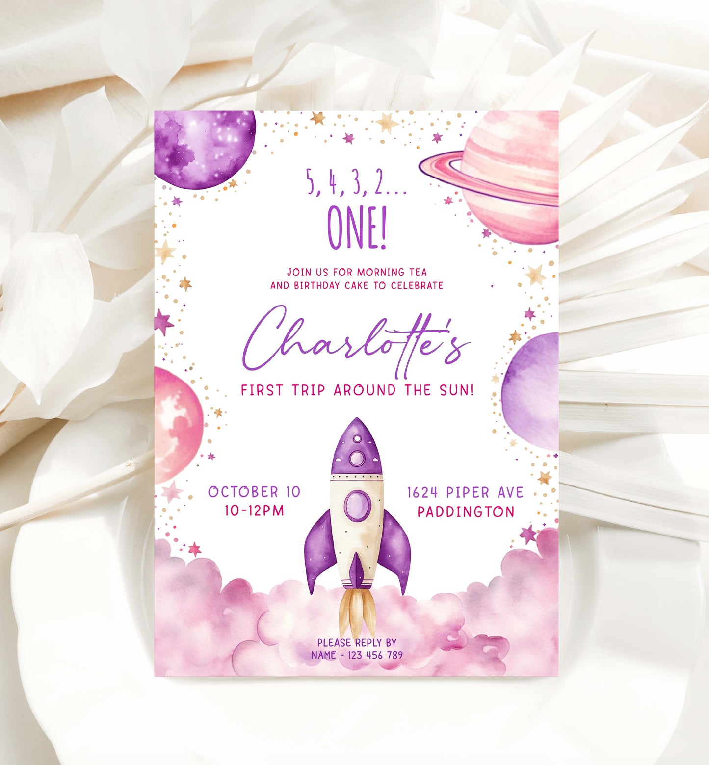 First Trip Around The Sun Birthday Party Invitation, Printable 1st Birthday Party Invite, Girl Space Invite, Purple Pink Astronaut Evite
