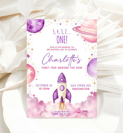 First Trip Around The Sun Birthday Party Invitation, Printable 1st Birthday Party Invite, Girl Space Invite, Purple Pink Astronaut Evite