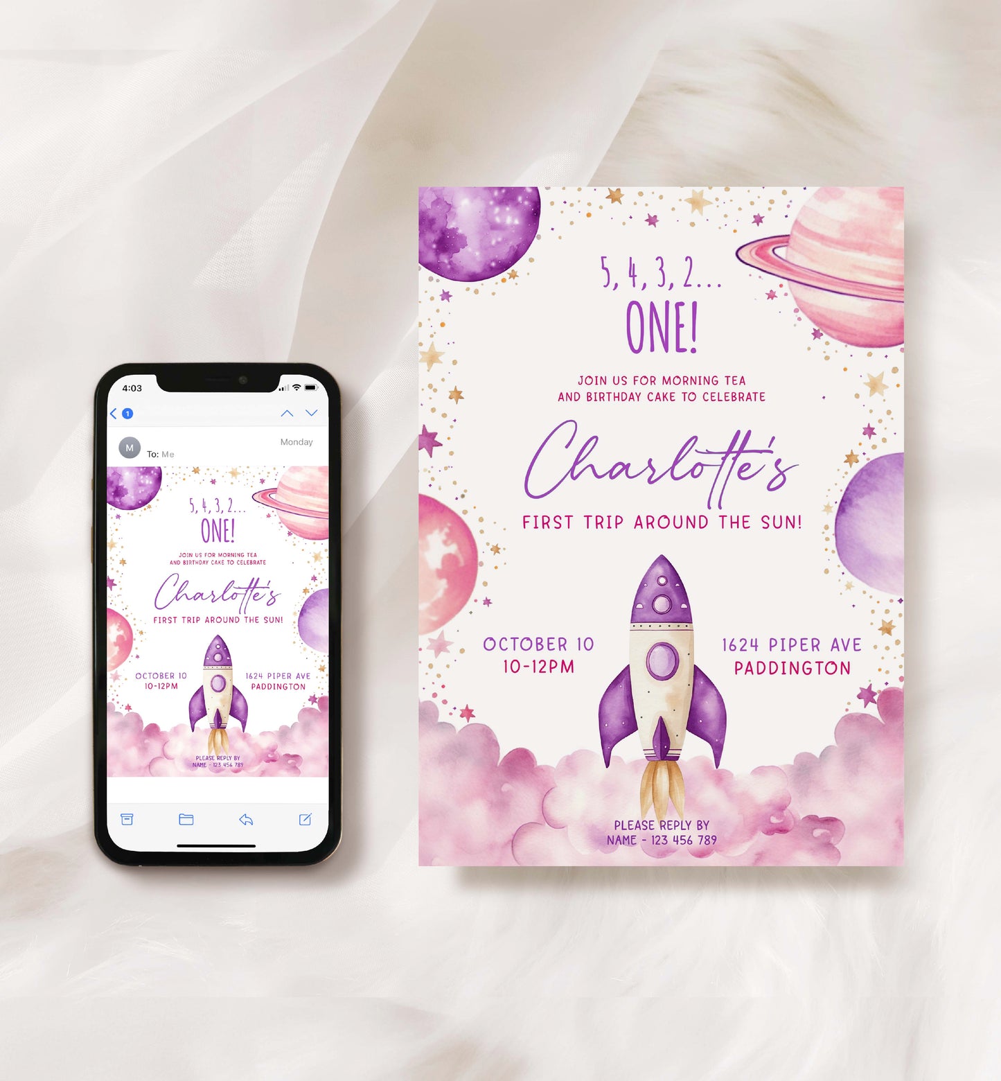 First Trip Around The Sun Birthday Party Invitation, Printable 1st Birthday Party Invite, Girl Space Invite, Purple Pink Astronaut Evite