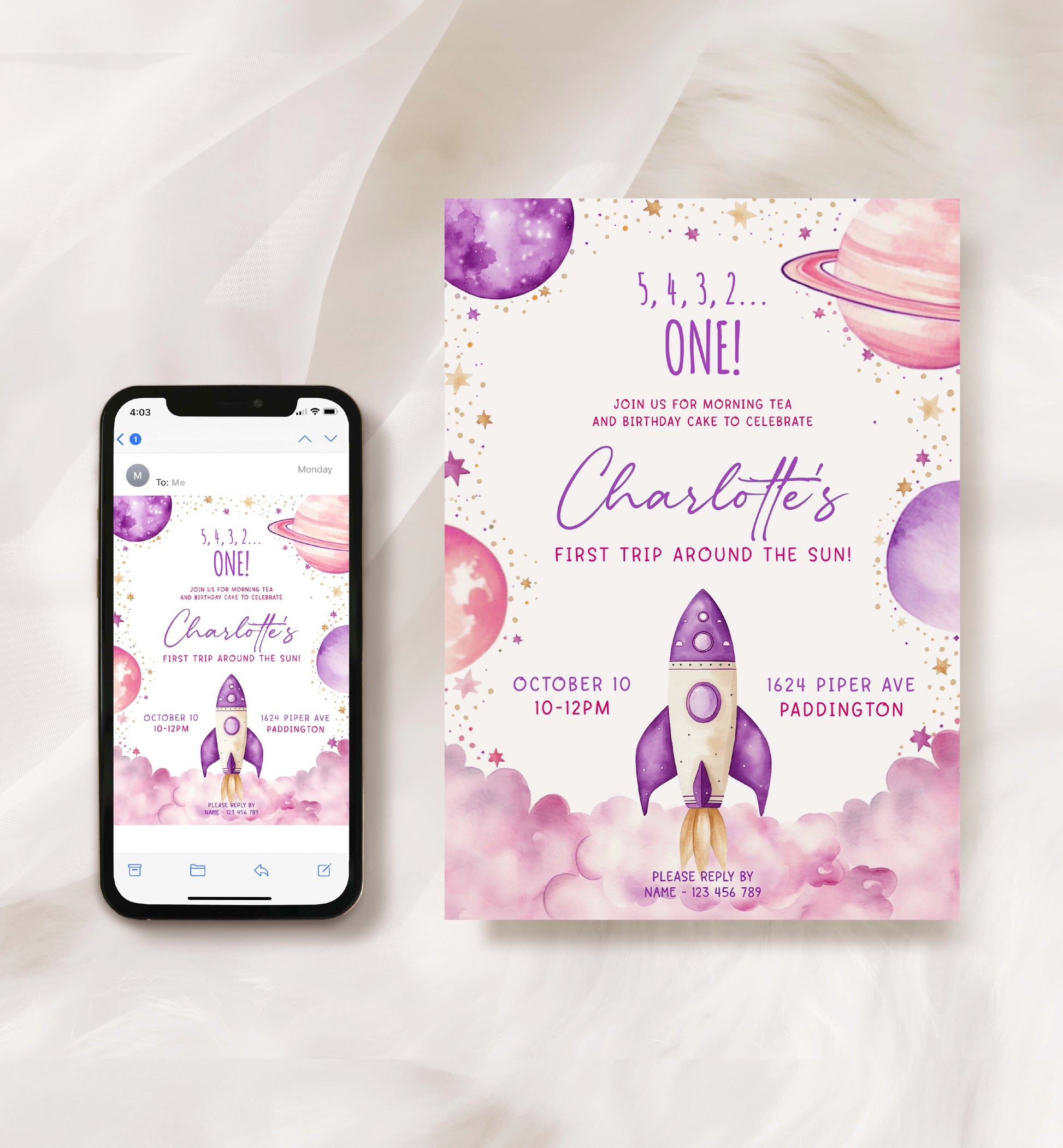 First Trip Around The Sun Birthday Party Invitation, Printable 1st Birthday Party Invite, Girl Space Invite, Purple Pink Astronaut Evite