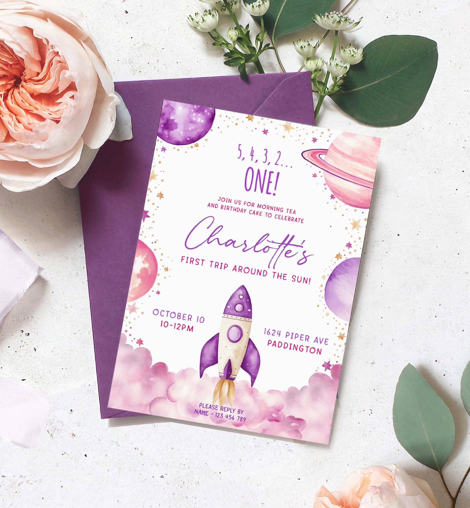 First Trip Around The Sun Birthday Party Invitation, Printable 1st Birthday Party Invite, Girl Space Invite, Purple Pink Astronaut Evite