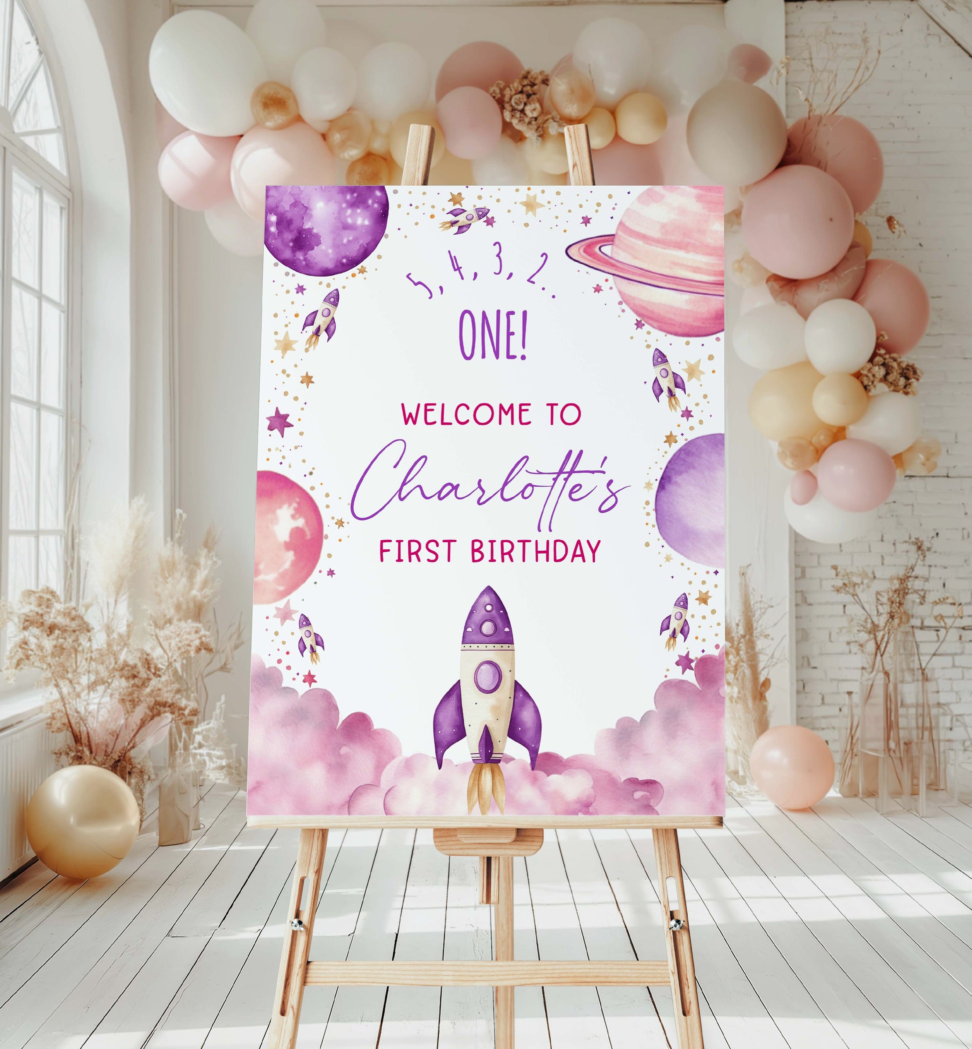 Rocket Ship Outer Space Birthday Welcome Sign, Purple Printable First Trip Around The Sun Birthday Sign, Girl Space Birthday Blast Off Sign