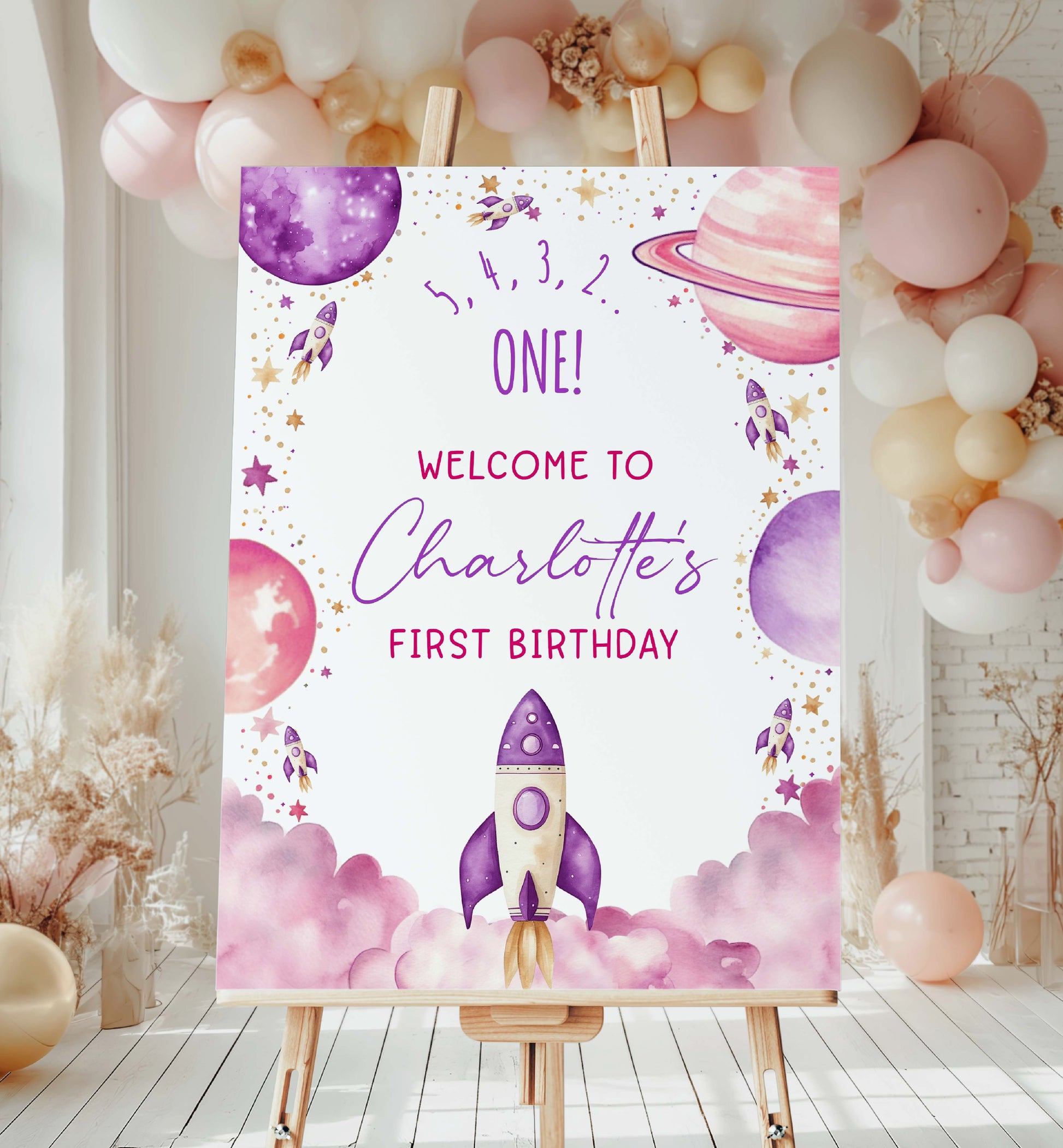 Rocket Ship Outer Space Birthday Welcome Sign, Purple Printable First Trip Around The Sun Birthday Sign, Girl Space Birthday Blast Off Sign