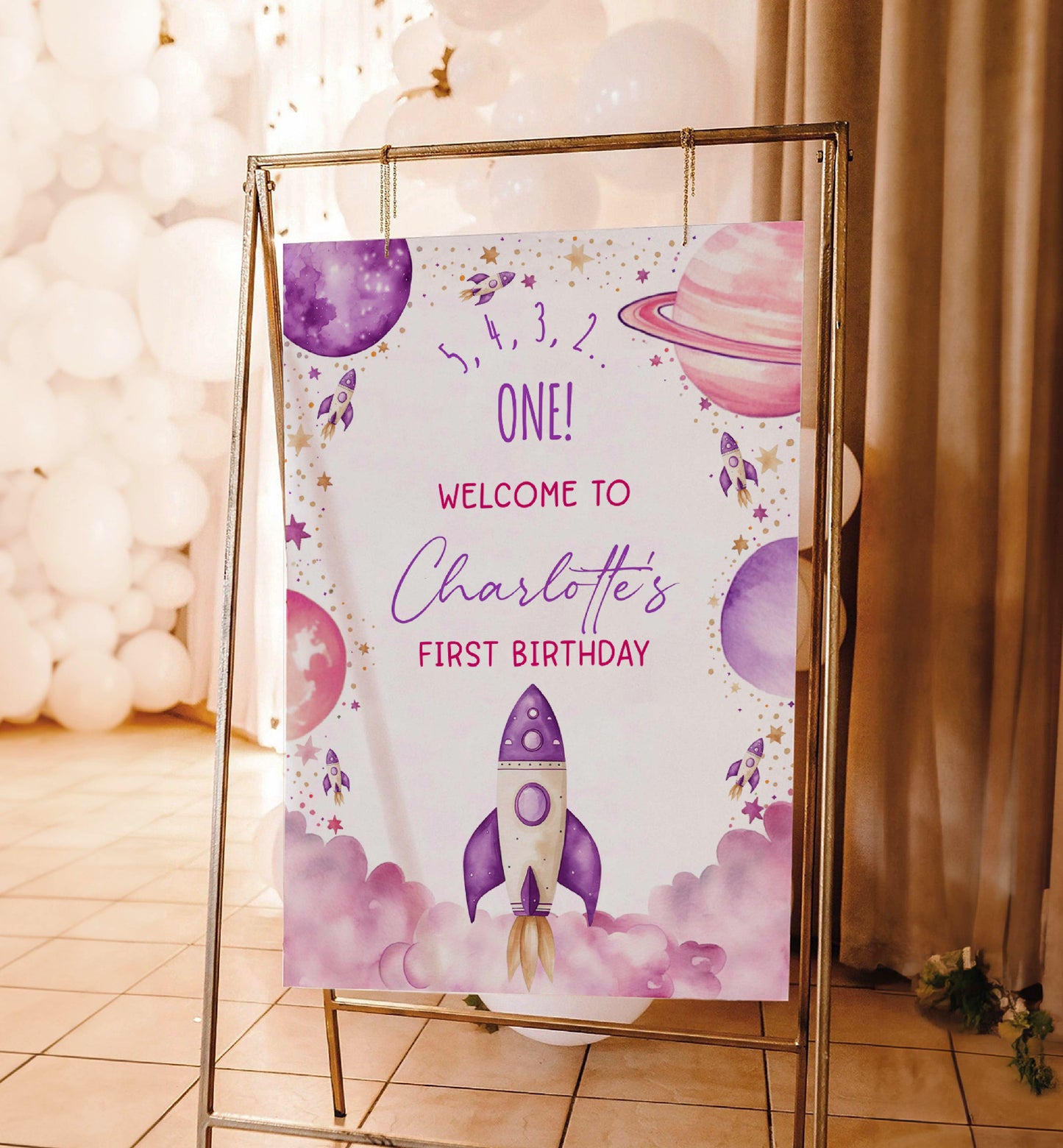 Rocket Ship Outer Space Birthday Welcome Sign, Purple Printable First Trip Around The Sun Birthday Sign, Girl Space Birthday Blast Off Sign