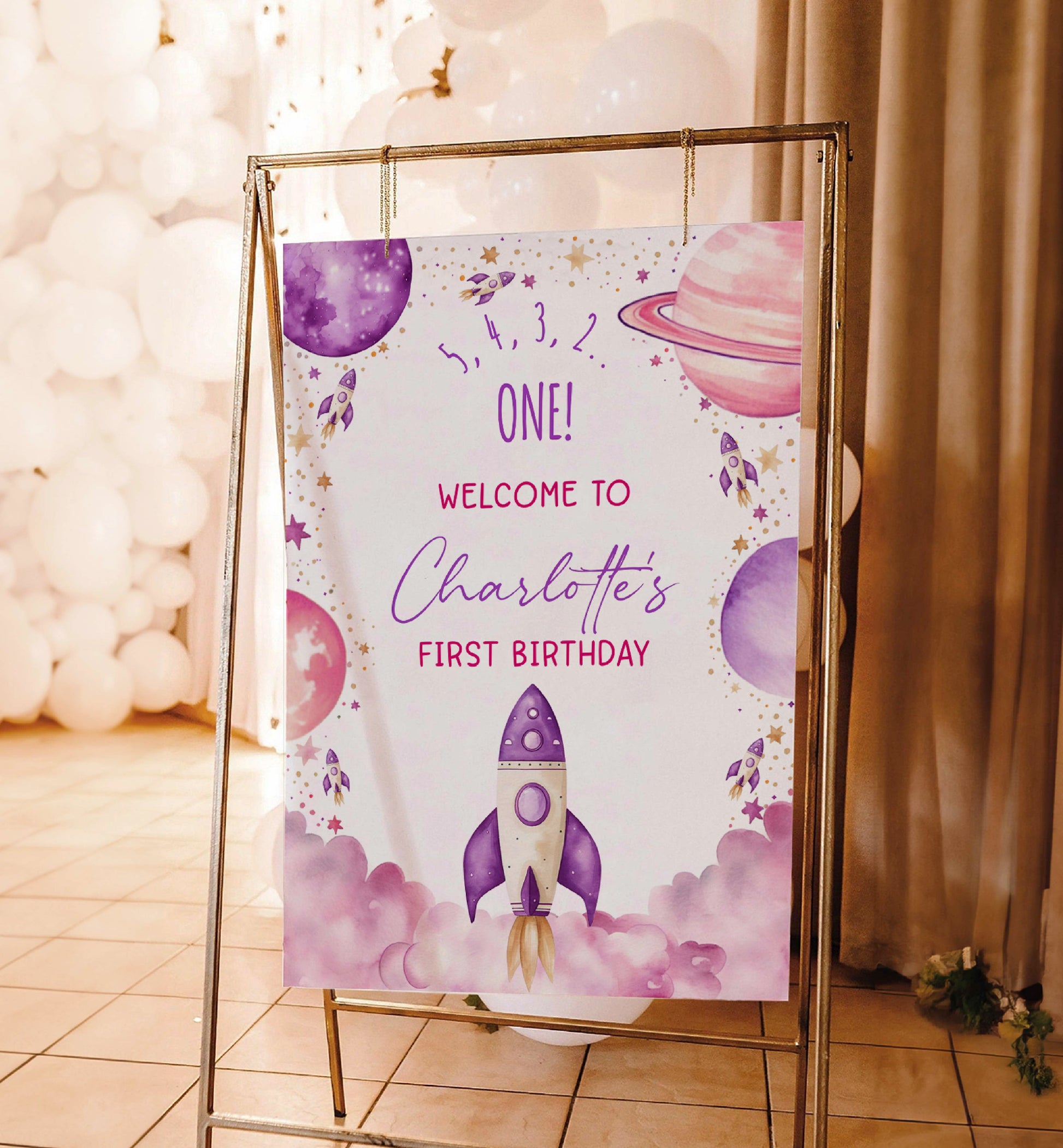 Rocket Ship Outer Space Birthday Welcome Sign, Purple Printable First Trip Around The Sun Birthday Sign, Girl Space Birthday Blast Off Sign