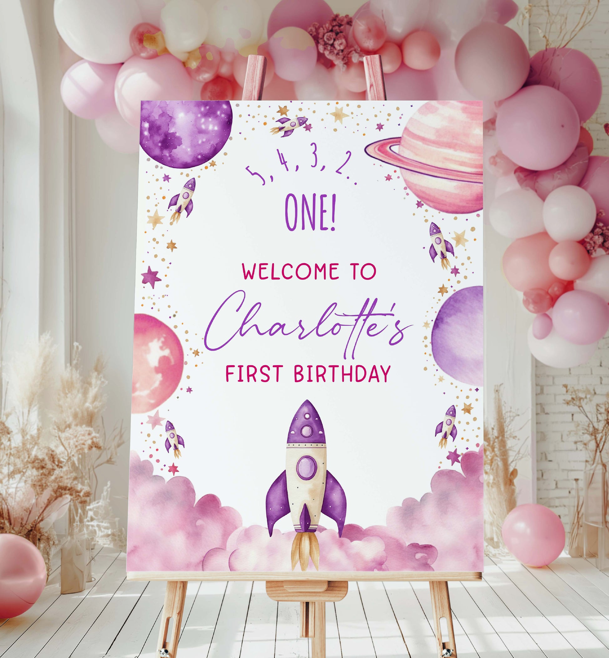 Rocket Ship Outer Space Birthday Welcome Sign, Purple Printable First Trip Around The Sun Birthday Sign, Girl Space Birthday Blast Off Sign