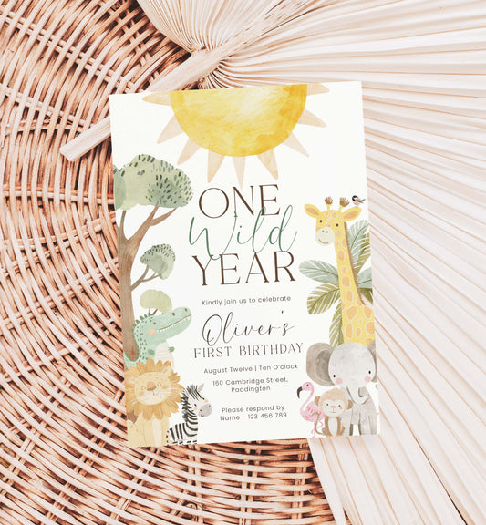 Birthday invitation card with animals and sun on a woven surface. Printable First Birthday Party Invitation, One Wild Year Safari 1st Birthday Party Invite, Boy Zoo Animal, Jungle Animals Birthday, Nyala
