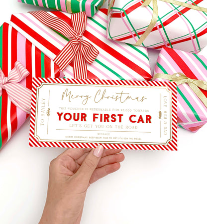 Stripe Red | Printable First Car Christmas Gift Voucher Template