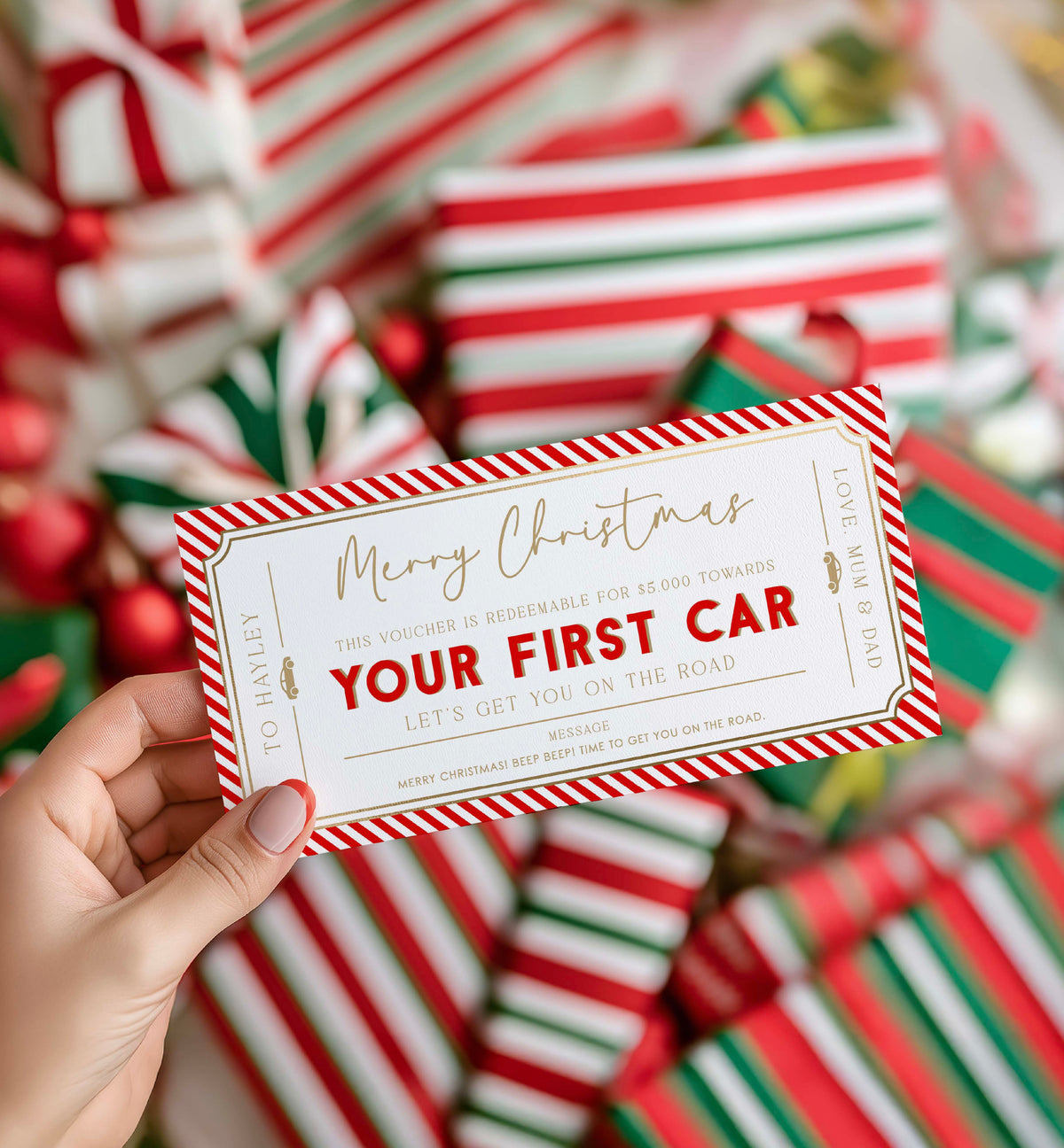 Stripe Red | Printable First Car Christmas Gift Voucher Template