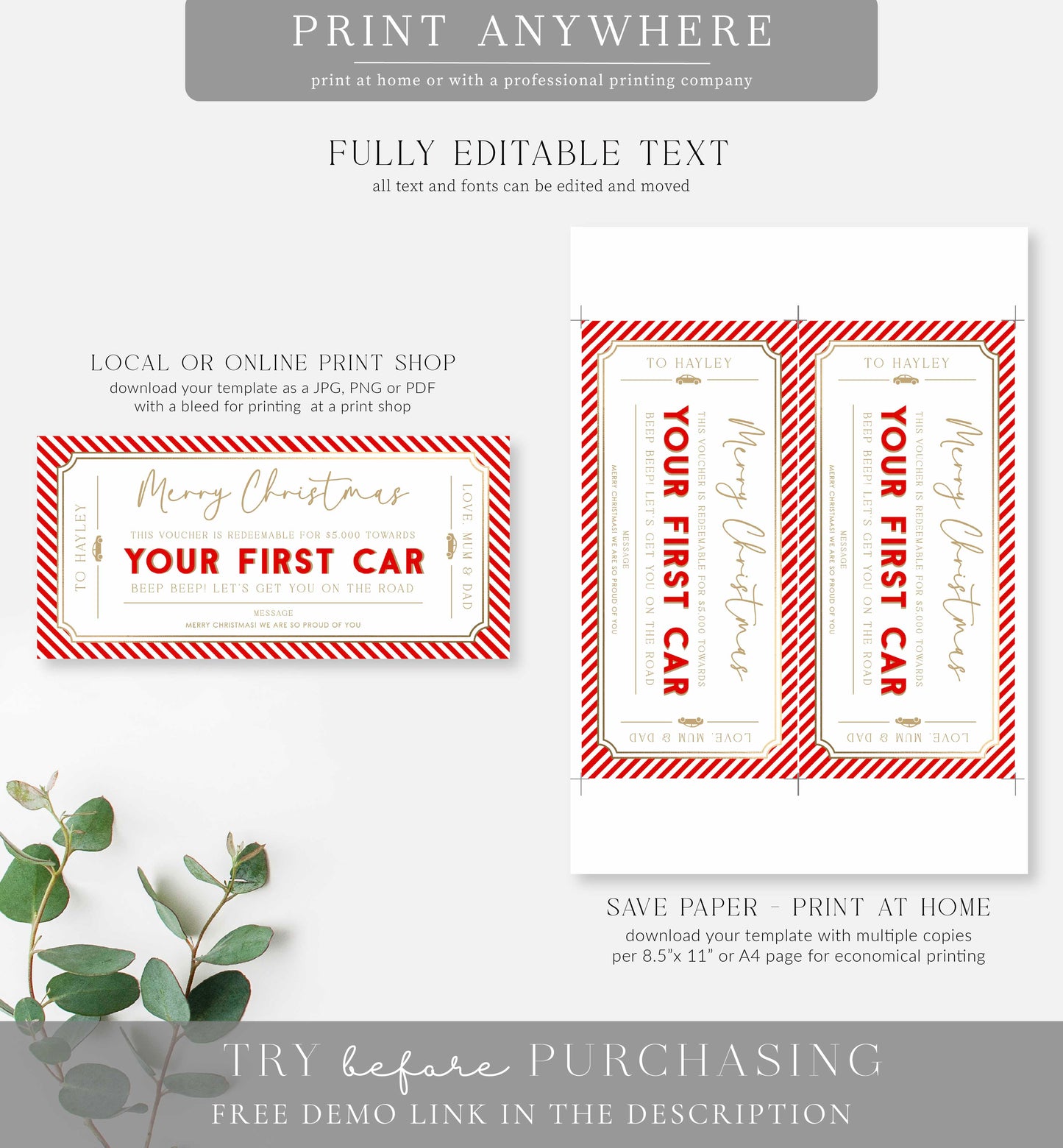 Stripe Red | Printable First Car Christmas Gift Voucher Template